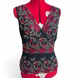 Black With Red and Gold Roses V Neck Sleeveless Top Large